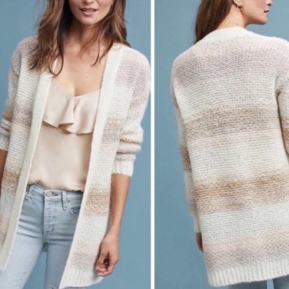Anthropologie Numph Loraina Open Front Cardigan Stripe Cream Metallic Size L - Picture 2 of 4